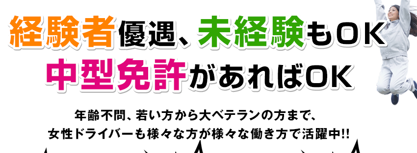 経験者優遇、未経験もＯＫ 中型免許があればOK 年齢不問、若い方から大ベテランの方まで、 女性ドライバーも様々な方が様々な働き方で活躍中!!