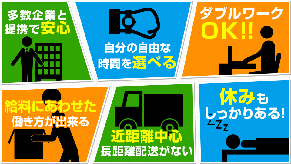 多数企業と提携で安心。自分の自由な時間を選べる。ダブルワーク ＯＫ!! 給料にあわせた働き方が出来る。近距離中心、長距離配送がない。休みもしっかりある!